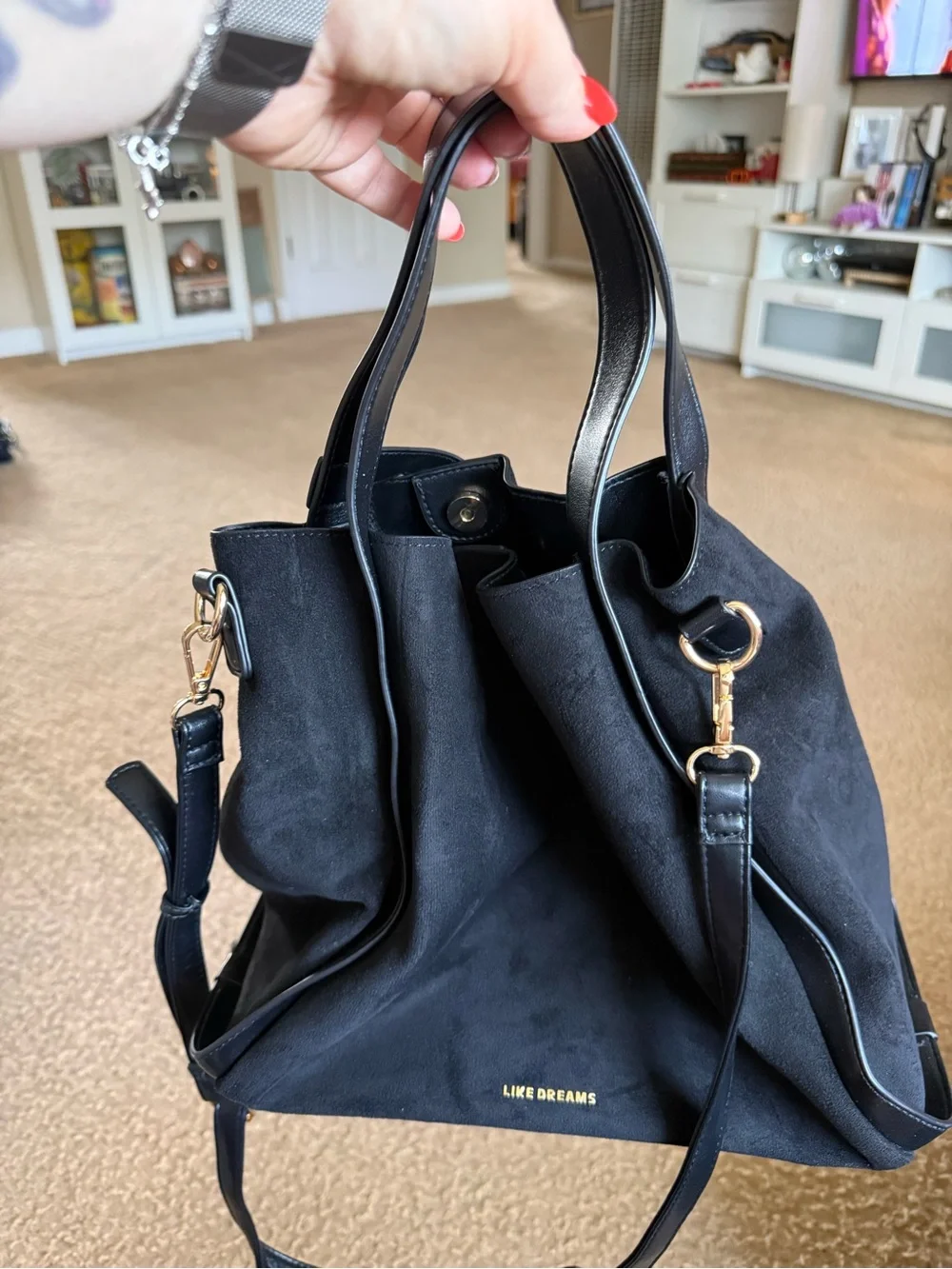 LIKE DREAMS Black Suede Shoulder Bag with Gold Accents